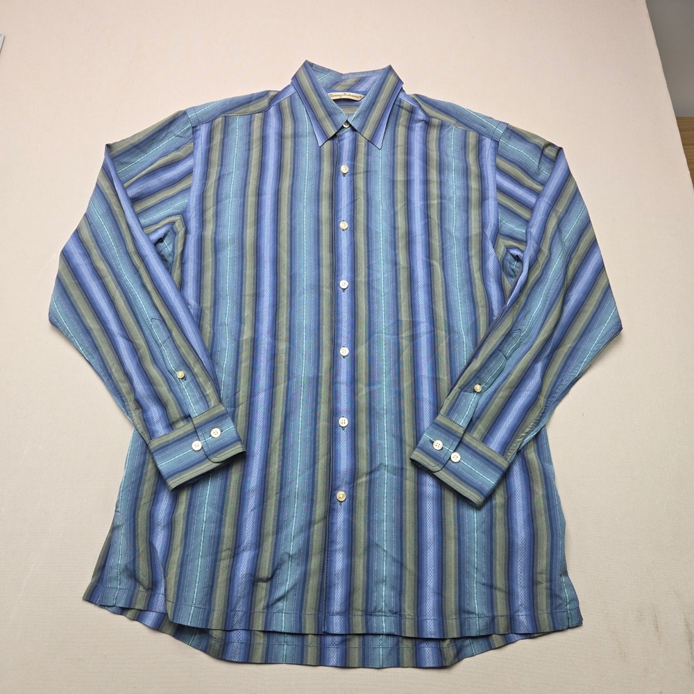 Tommy Bahama Button Down Shirt Silk Striped Embroidered Blue Green Mens Medium
